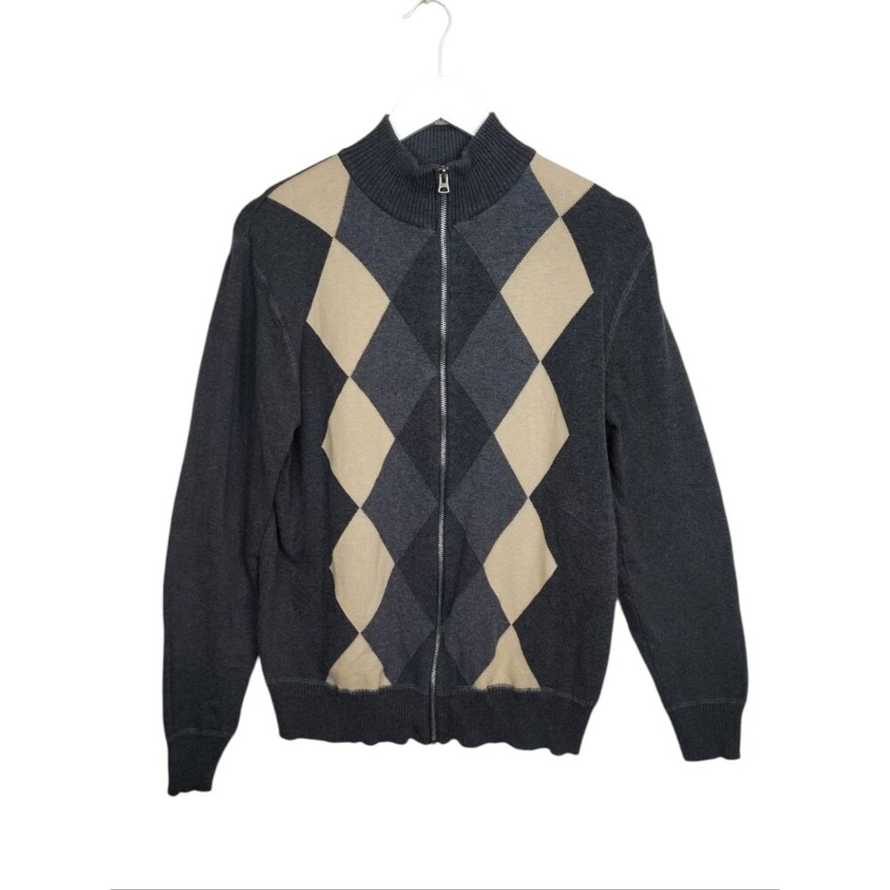 Dockers Men's Argyle Full-Zip Sweater Gray Tan Diamonds Size Large